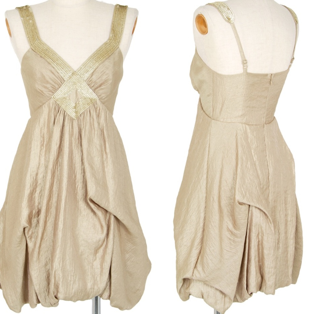 New-BCBG-2-gold-metallic sequence, detailed adj. straps, crinkle, bubble dress.